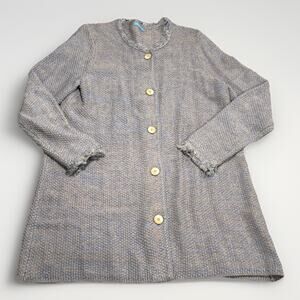 J McLaughlin Nan Long Cardigan Jacket Tweed Knit Modal Fringe Blue Button Sz L